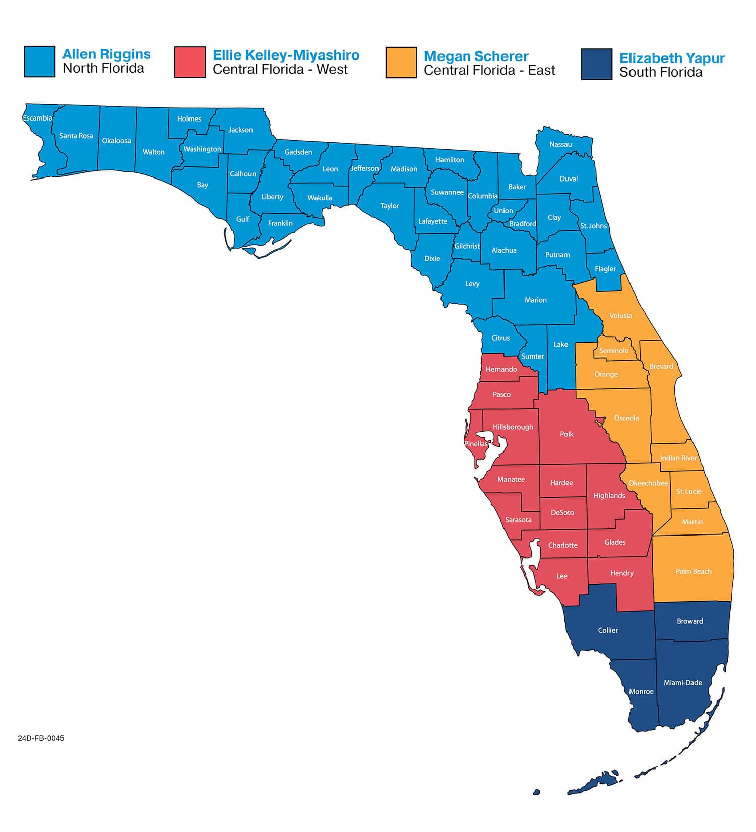 Regional map of Florida showing the counties that each provider manager manager oversees